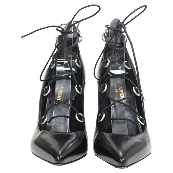 Saint Laurent Thorn Lace Up Pointed Toe Pumps in Black Leather - Picture 2 of 7